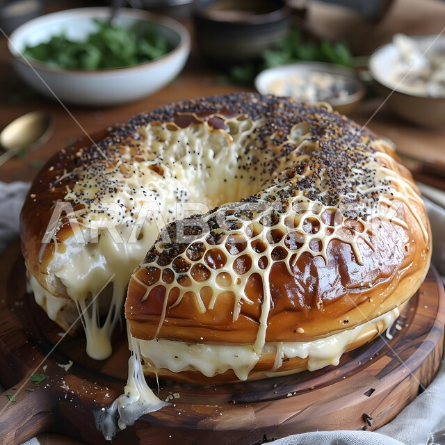 قالب من الخبز الهش الطازج المحشو بالجبنة الذائبة، إتقان مهارة إعداد المخبوزات والمعجنات في مطابخ المملكة، فن تقديم الأطباق في مطاعم السعودية، وصفات الفطائر المخبوزة اللذيذة، وجبات فطور مغذية ومشبعة، طبق من البرك الغارق بالجبن