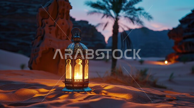 فانوس معدني مزخرف مضيء وسط الرمال تحت شحرة نخيل عند غروب الشمس، الكثبان الرملية والبيئة الصحراوية في المناطق البرية للمملكة العربية السعودية، زينة إضاءة الاعياد والمناسبات الدينية، تحف إسلامية عريقة، خلفية طبيعية