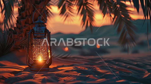 فانوس معدني مزخرف مضيء وسط الرمال تحت شحرة نخيل عند غروب الشمس، الكثبان الرملية والبيئة الصحراوية في المناطق البرية للمملكة العربية السعودية، زينة إضاءة الاعياد والمناسبات الدينية، تحف إسلامية عريقة، خلفية طبيعية