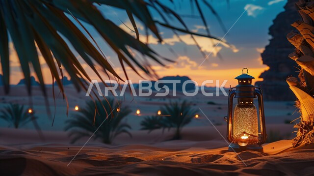 فانوس معدني مزخرف مضيء وسط الرمال تحت شحرة نخيل عند غروب الشمس، الكثبان الرملية والبيئة الصحراوية في المناطق البرية للمملكة العربية السعودية، زينة إضاءة الاعياد والمناسبات الدينية، تحف إسلامية عريقة، خلفية طبيعية