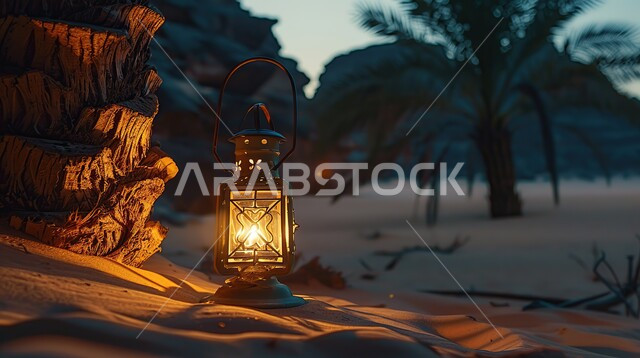 فانوس معدني مزخرف مضيء وسط الرمال تحت شحرة نخيل عند غروب الشمس، الكثبان الرملية والبيئة الصحراوية في المناطق البرية للمملكة العربية السعودية، زينة إضاءة الاعياد والمناسبات الدينية، تحف إسلامية عريقة، خلفية طبيعية