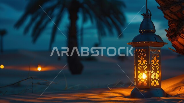فانوس معدني مزخرف مضيء وسط الرمال تحت شحرة نخيل عند غروب الشمس، الكثبان الرملية والبيئة الصحراوية في المناطق البرية للمملكة العربية السعودية، زينة إضاءة الاعياد والمناسبات الدينية، تحف إسلامية عريقة، خلفية طبيعية