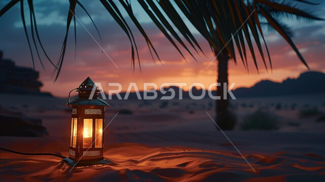 فانوس معدني مزخرف مضيء وسط الرمال تحت شحرة نخيل عند غروب الشمس، الكثبان الرملية والبيئة الصحراوية في المناطق البرية للمملكة العربية السعودية، زينة إضاءة الاعياد والمناسبات الدينية، تحف إسلامية عريقة، خلفية طبيعية