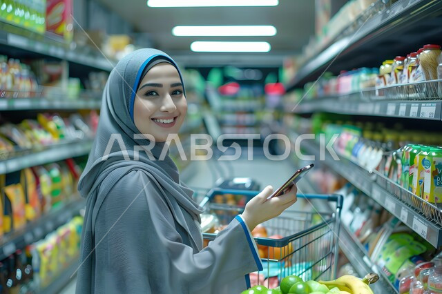 الاستمتاع بالتسوق والشراء من المول, بورتريه امرأة عربية خليجية سعودية مبتسمة محجبة ترتدي  ملابس بألوان راقية تحمل بيدها الهاتف المحمول  تنظر إلى الكاميرا بإيماءات الفرح والسرور, الاستفادة من العروض والتخفيضات.