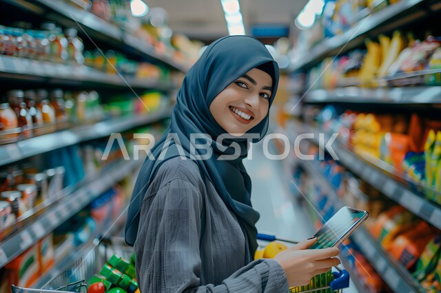 الاستمتاع بالتسوق والشراء من المول, بورتريه امرأة عربية خليجية سعودية مبتسمة محجبة ترتدي  ملابس بألوان راقية تحمل بيدها الهاتف المحمول  تنظر إلى الكاميرا بإيماءات الفرح والسرور, الاستفادة من العروض والتخفيضات.