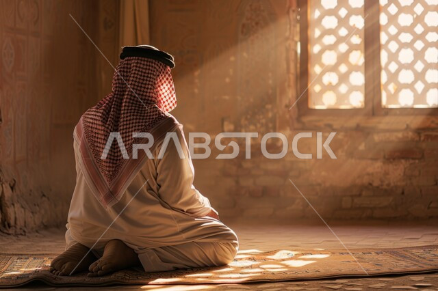 Performing the obligatory prayers on time, the second pillar of Islam, getting closer to God by performing the obligatory prayers and worship, a picture from the back of a Saudi Arabian Gulf man wearing the traditional thobe and shemagh sitting on a prayer rug inside the mosque
