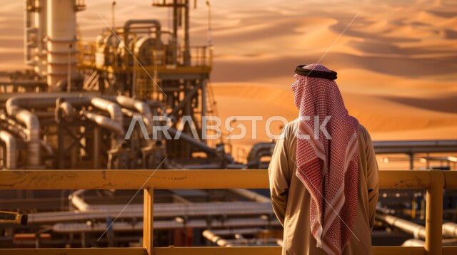 Follow up the progress of work in factories, the concept of gas production in the Kingdom of Saudi Arabia, a picture from the back of a Saudi Arabian Gulf man wearing traditional dress and a shemagh standing in an oil and gas refining plant, working in the field of petrochemical industries and projects, steel pipelines and cables