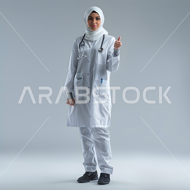 Gestures of admiration and satisfaction, providing medical services in hospitals and health centers, portrait of a veiled Saudi Arabian Gulf female doctor wearing a white coat looking at the camera raising her thumb up with a quality sign, full-length body image, gray background