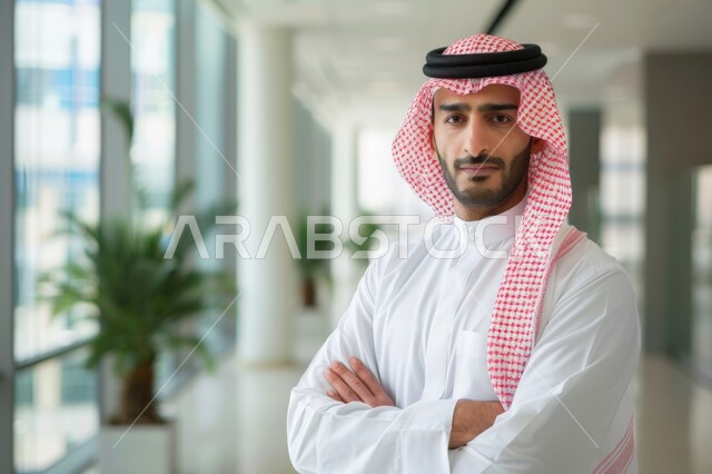 مفهوم الرجولة والاهتمام بالمظهر الخارجي, رجل عربي سعودي خليجي يرتدي اللباس التقليدي والشماغ يقف مكتوف اليدين في مقر العمل, النظر الى الكاميرا بايماءات الثقة بالنفس, الفن الهندسي والمعماري للشركات في المملكة العربية السعودية