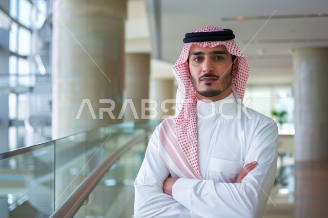 النظر الى الكاميرا بايماءات الثقة بالنفس, مفهوم الرجولة والاهتمام بالمظهر الخارجي, رجل عربي سعودي خليجي يرتدي اللباس التقليدي والشماغ يقف مكتوف اليدين في مقر العمل, الفن الهندسي والمعماري للشركات في المملكة العربية السعودية