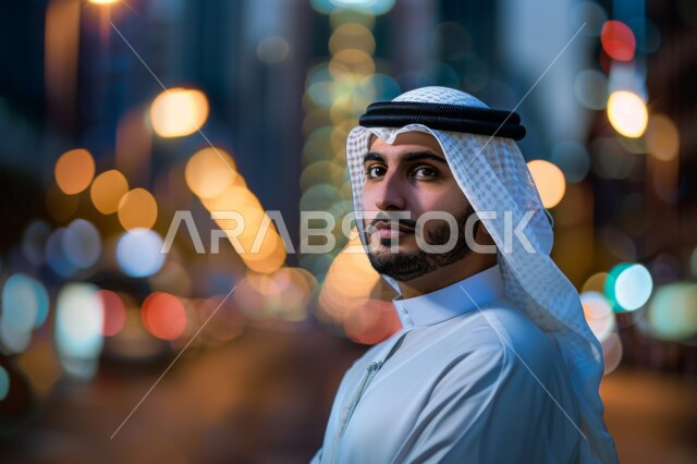الاهتمام والعناية بالمظهر الخارجي, تعابير الجدية والحزم, صورة مقربة من الجانب لرجل عربي سعودي خليجي يرتدي الزي التقليدي والغترة ينظر إلى الكاميرا  بايماءات الثقة بالنفس, التحديق والتمعن والتركيز, مفهوم الرجولة والأناقة