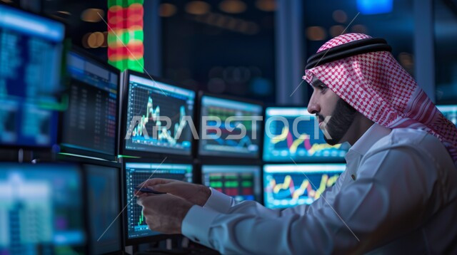 إدارة شؤون الأعمال وتنظيمها عبر الاجهزة التقنية، دمج العمل مع التكنولوجيا، مهن ووظائف مكتبية،رجل اعمال عربي خليجي سعودي يرتدي الزي التقليدي والشماغ  يعمل على الحاسوب المحمول, العمل في المجال الاقتصادي, عرض المخططات البيانية المالية