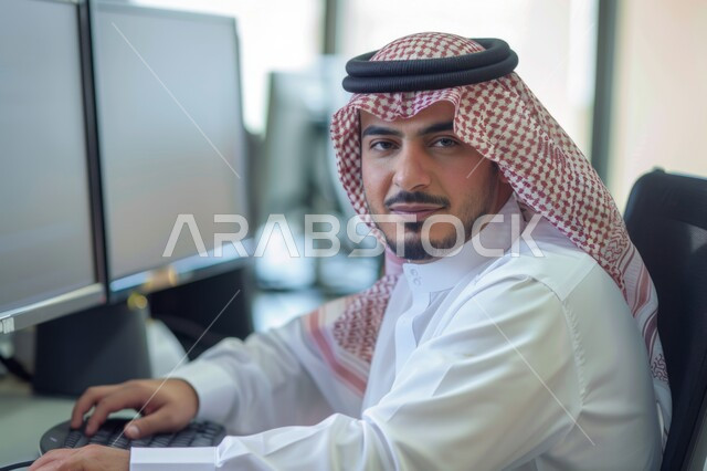 دمج العمل مع التكنولوجيا، مهن ووظائف مكتبية، رجل اعمال عربي خليجي سعودي مبتسم يرتدي الزي التقليدي والشماغ  يعمل على الحاسوب المحمول ضمن مقر الشركة, إدارة شؤون الأعمال وتنظيمها عبر الاجهزة التقنية، النظر الى الكاميرا بايماءات الرضا