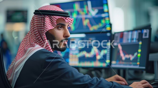 دمج العمل مع التكنولوجيا، مهن ووظائف مكتبية، إدارة شؤون الأعمال وتنظيمها عبر الاجهزة التقنية، رجل اعمال عربي خليجي سعودي يرتدي الزي التقليدي والشماغ  يعمل على الحاسوب المحمول, العمل في المجال الاقتصادي, عرض المخططات البيانية المالية