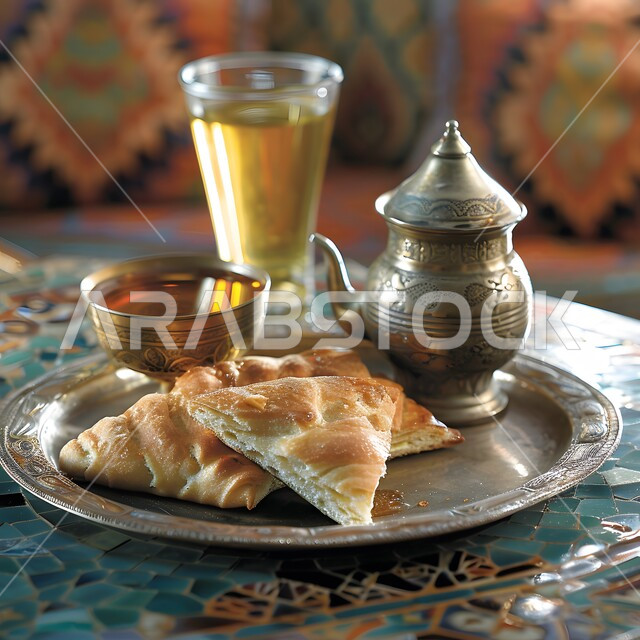 وجبات الفطور الصباحية الخفيفة، كوب من الشاي العربي اللذيذ مع قطع الخبز الطازج، أطعمة شعبية تقليدية ذات فوائد عالية، التقديم في أواني نحاسية تراثية مزخرفة، عادات وتقاليد تناول المأكولات في المملكة العربية السعودية