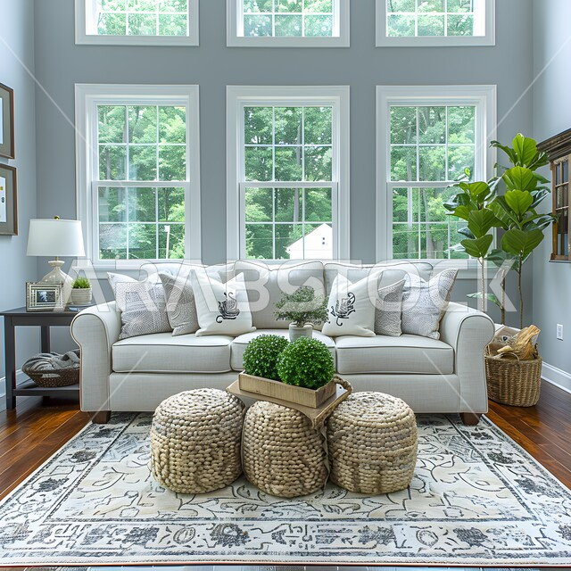 النوافذ والواجهات الزجاجية المطلة على الطبيعة، الاهتمام بنبات الزينة المنزلي، التصاميم الداخلية لغرف الجلوس على الطراز الحديث، غرفة معيشة مع أثاث منزلي فاخر باللون الابيض، ديكور داخلي راقي للفلل والشقق السكنية في المملكة العربية السعودية