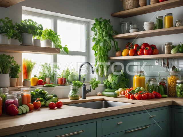Fresh fruits rich in vitamins, interior designs and decorations for luxury Arabic kitchens in the Kingdom of Saudi Arabia, sophisticated cuisine in sophisticated colours, modern architectural art, glass facades and windows, modern and sophisticated household appliances.