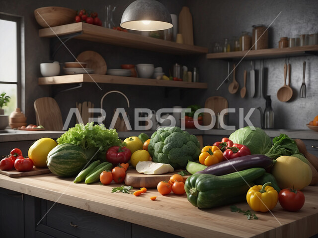 Fresh fruits rich in vitamins, interior designs and decorations for luxury Arabic kitchens in the Kingdom of Saudi Arabia, sophisticated cuisine in sophisticated colours, modern architectural art, glass facades and windows, modern and sophisticated household appliances.