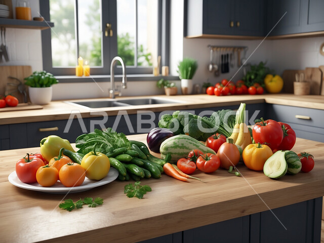 Fresh fruits rich in vitamins, interior designs and decorations for luxury Arabic kitchens in the Kingdom of Saudi Arabia, sophisticated cuisine in sophisticated colours, modern architectural art, glass facades and windows, modern and sophisticated household appliances.