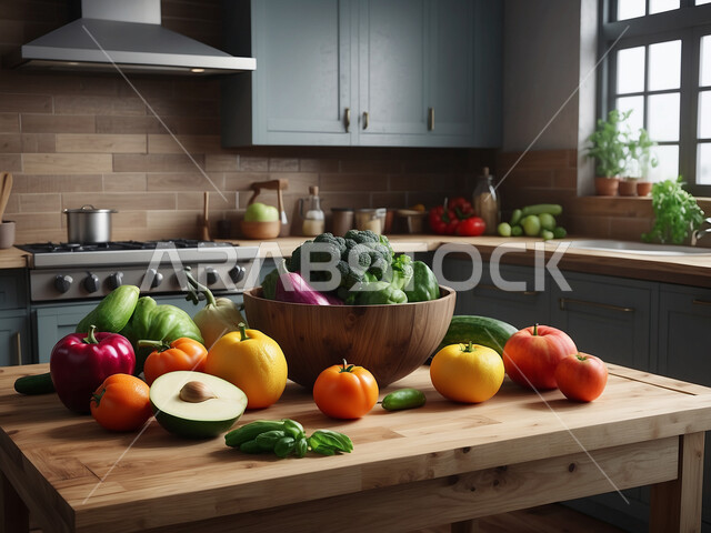 Fresh fruits rich in vitamins, interior designs and decorations for luxury Arabic kitchens in the Kingdom of Saudi Arabia, sophisticated cuisine in sophisticated colours, modern architectural art, glass facades and windows, modern and sophisticated household appliances.