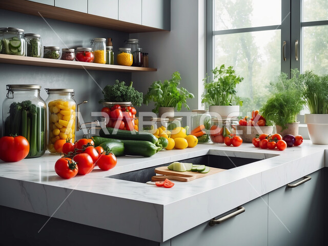 Fresh fruits rich in vitamins, interior designs and decorations for luxury Arabic kitchens in the Kingdom of Saudi Arabia, sophisticated cuisine in sophisticated colours, modern architectural art, glass facades and windows, modern and sophisticated household appliances.