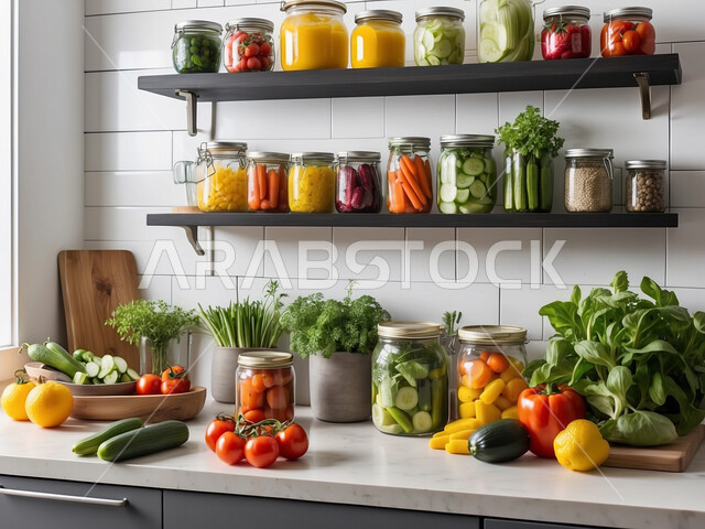 Fresh fruits rich in vitamins, interior designs and decorations for luxury Arabic kitchens in the Kingdom of Saudi Arabia, sophisticated cuisine in sophisticated colours, modern architectural art, glass facades and windows, modern and sophisticated household appliances.