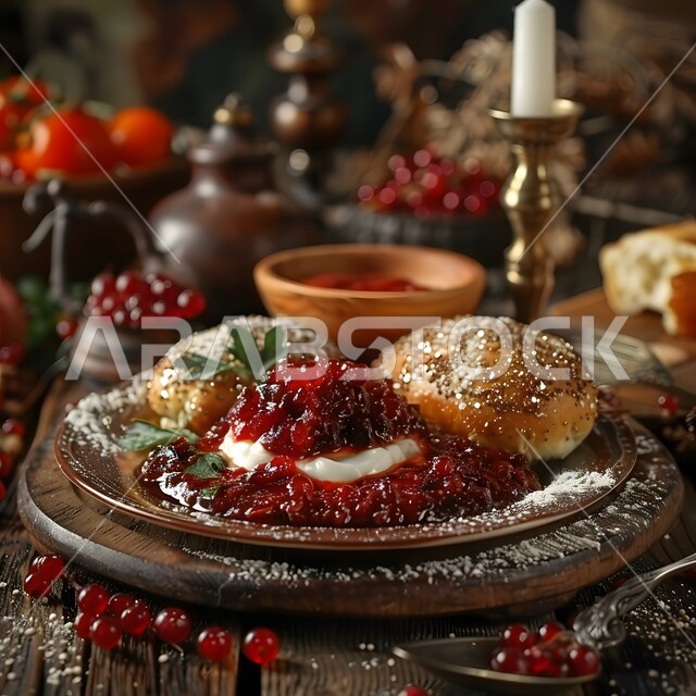 إعداد المخبوزات والمعجنات في مطابخ المملكة، طبق من الفطائر المحلاة المخبوزة الشهية، فن تقديم الأطباق والحلويات في مطاعم السعودية، حلوى مخبوزة مصنوعة يدوياً محشية بالكريما ومقدمة مع مربى التوت البري، وجبات فطور مغذية ومشبعة