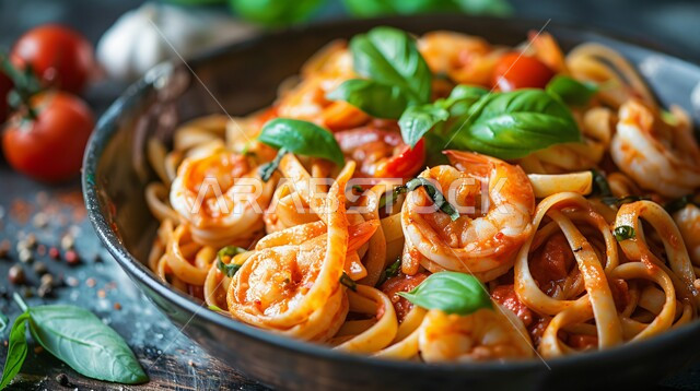 إعداد سباغيتي المزين بالروبيان وقطع الطماطم والخضار , مأكولات شعبية بالجمبري البحري , وصفات عربية تقليدية في المطابخ والمطاعم السعودية