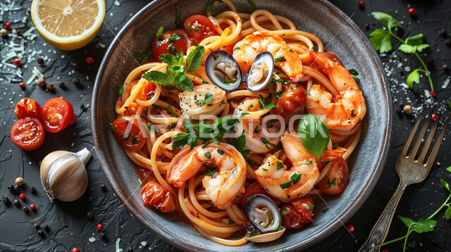 إعداد سباغيتي المزين بالروبيان وقطع الطماطم والخضار , مأكولات شعبية بالجمبري البحري , وصفات عربية تقليدية في المطابخ والمطاعم السعودية