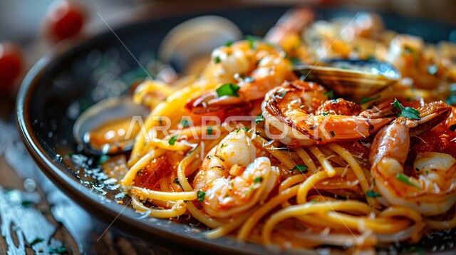 إعداد سباغيتي المزين بالروبيان وقطع الطماطم والخضار , مأكولات شعبية بالجمبري البحري , وصفات عربية تقليدية في المطابخ والمطاعم السعودية