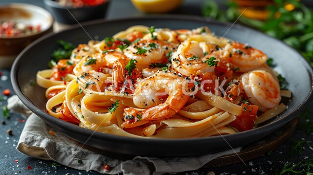 إعداد سباغيتي المزين بالروبيان وقطع الطماطم والخضار , مأكولات شعبية بالجمبري البحري , وصفات عربية تقليدية في المطابخ والمطاعم السعودية