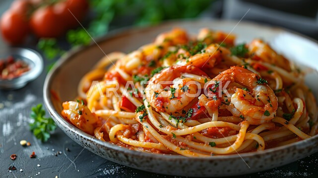 إعداد سباغيتي المزين بالروبيان وقطع الطماطم والخضار , مأكولات شعبية بالجمبري البحري , وصفات عربية تقليدية في المطابخ والمطاعم السعودية