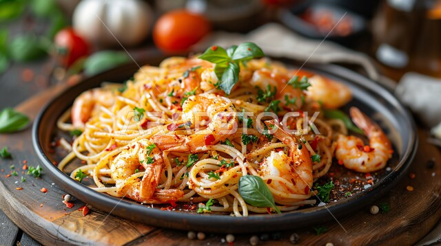 إعداد سباغيتي المزين بالروبيان وقطع الطماطم والخضار , مأكولات شعبية بالجمبري البحري , وصفات عربية تقليدية في المطابخ والمطاعم السعودية