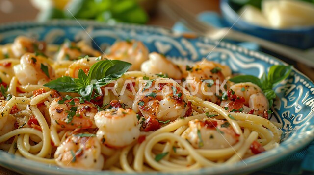 إعداد سباغيتي المزين بالروبيان وقطع الطماطم والخضار , مأكولات شعبية بالجمبري البحري , وصفات عربية تقليدية في المطابخ والمطاعم السعودية