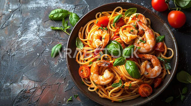 إعداد سباغيتي المزين بالروبيان وقطع الطماطم والخضار , مأكولات شعبية بالجمبري البحري , وصفات عربية تقليدية في المطابخ والمطاعم السعودية