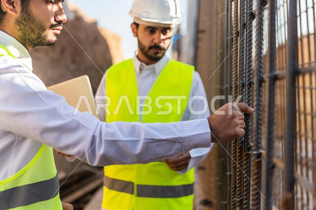 Close-up photography of the contractor and the supervisor of the work, two Saudi Arabian Gulf nationals wearing a helmet and a work jacket, the supervisor inspecting the iron columns, supervising and following up the work, following up on the project stra
