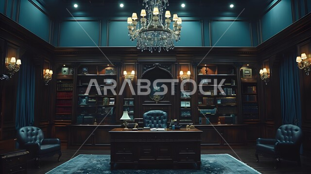 تصاميم داخلية وديكورات راقية مع اثاث فاخر ومريح للغرف المكتبية ، الفن الهندسي المعماري المتطور، غرفة القراءة والجلوس