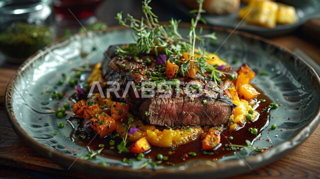High nutritional value meal, delicious grilled beef, oriental arabian food restaurants, protein rich foods, close up of thick slices of lamb with vegetables