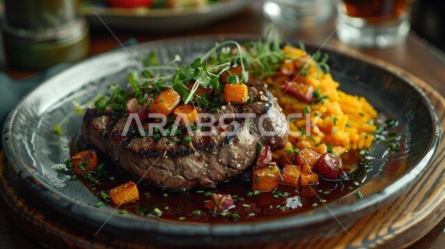 وجبة ذات قيمة غذائية عالية، اللحوم البقرية المشوية الشهية، مطاعم للمأكولات العربية الشرقية، أطعمة غنية بالبروتين، صورة مقربة لشرائح سميكة من الحم مع الخضار