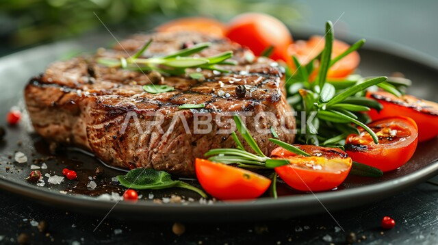 وجبة ذات قيمة غذائية عالية، اللحوم البقرية المشوية الشهية، مطاعم للمأكولات العربية الشرقية، أطعمة غنية بالبروتين، صورة مقربة لشرائح سميكة من الحم مع الخضار