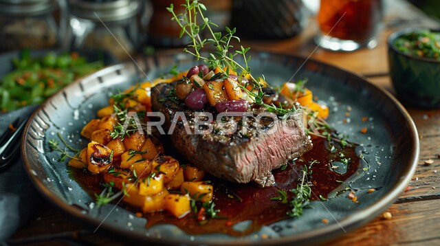 وجبة ذات قيمة غذائية عالية، اللحوم البقرية المشوية الشهية، مطاعم للمأكولات العربية الشرقية، أطعمة غنية بالبروتين، صورة مقربة لشرائح سميكة من الحم مع الخضار