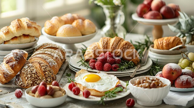 Stuffed pies with various ingredients rich in flavors, a group of easy and quick pastries and delicious foods, blueberries and strawberries, Saudi Arabian Gulf bakeries, fresh popular baked goods, a healthy and delicious breakfast table