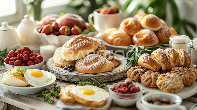 فطائر محشية بمختلف المكونات الغنية بالنكهات، مجموعة من المعجنات و الشهية السهلة والسريعة بأطعمة متنوعة، فواكه التوت البري و الفراولة،  مخابز عربية خليجية سعودية، مخبوزات شعبية طازجة، طاولة فطور صحية ولذيذة