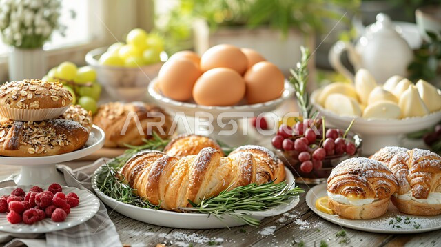 فطائر محشية بمختلف المكونات الغنية بالنكهات، مجموعة من المعجنات و الشهية السهلة والسريعة بأطعمة متنوعة، فواكه التوت البري و الفراولة،  مخابز عربية خليجية سعودية، مخبوزات شعبية طازجة، طاولة فطور صحية ولذيذة