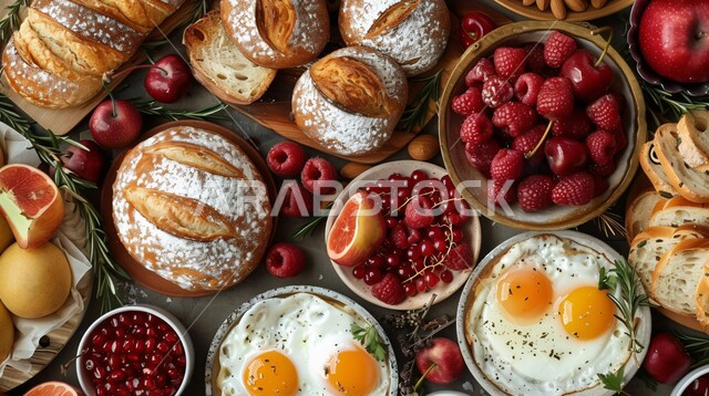 فطائر محشية بمختلف المكونات الغنية بالنكهات، مجموعة من المعجنات و الشهية السهلة والسريعة بأطعمة متنوعة، فواكه التوت البري و الفراولة،  مخابز عربية خليجية سعودية، مخبوزات شعبية طازجة، طاولة فطور صحية ولذيذة