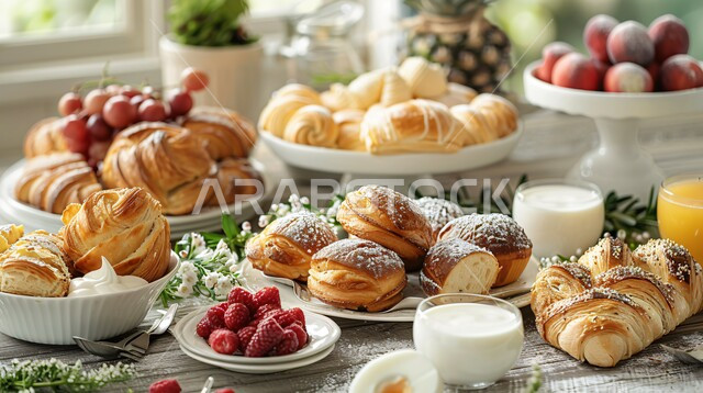 Stuffed pies with various ingredients rich in flavors, a group of easy and quick pastries and delicious foods, blueberries and strawberries, Saudi Arabian Gulf bakeries, fresh popular baked goods, a healthy and delicious breakfast table