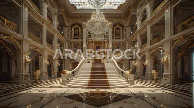 التصميم الحديث لسلم من الرخام داخل فندق فاخر، الديكورات الداخلية باللون الرمادي الفخم، فلل سكنية بتصاميم عصرية، مفهوم الفن المعماري الهندسي في السعودية، اكسسوارات وتحف وأثاث منزلي راقي