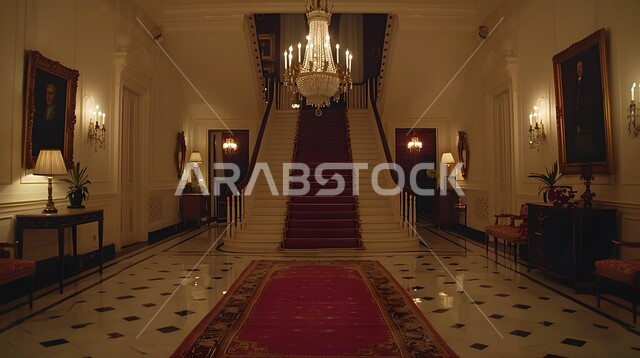 التصميم الحديث لسلم من الرخام داخل فندق فاخر، الديكورات الداخلية باللون الرمادي الفخم، فلل سكنية بتصاميم عصرية، مفهوم الفن المعماري الهندسي في السعودية، اكسسوارات وتحف وأثاث منزلي راقي