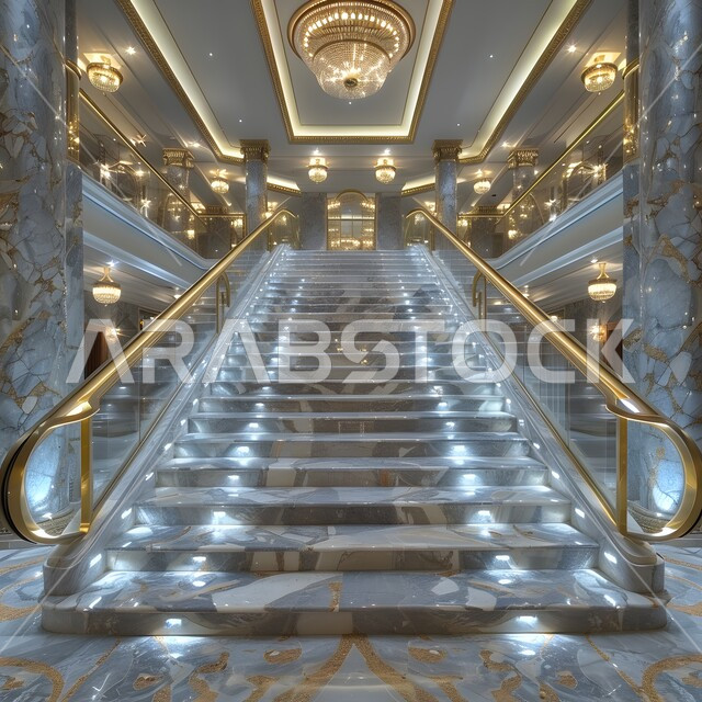 التصميم الحديث لسلم من الرخام داخل فندق فاخر، الديكورات الداخلية باللون الرمادي الفخم، فلل سكنية بتصاميم عصرية، مفهوم الفن المعماري الهندسي في السعودية، اكسسوارات وتحف وأثاث منزلي راقي
