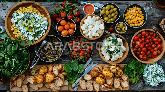 صورة لسفرة طعام، وجبة فطور بأطباق و أصناف متنوعة، وصفات و أطباق شهية، مأكولات و وجبات صحية، مطاعم عربية خليجية سعودية